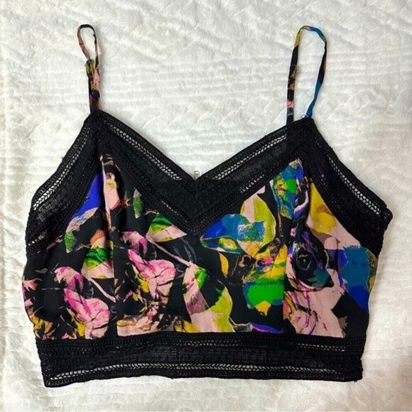 Anthropologie ASTR Floral Print‎ Women’s Crop Cami Lace Trim Back Zipper - Picture 3 of 12